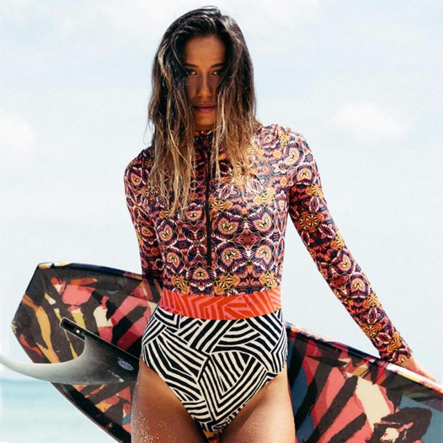 Voguable 2021 Print Floral One Piece Swimsuit Long Sleeve Swimwear Women Bathing Suit Retro Swimsuit Vintage One-piece Surfing Swim Suits voguable