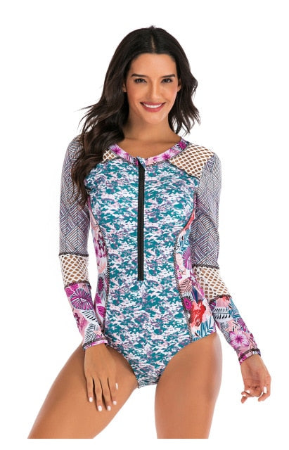 Voguable 2021 Print Floral One Piece Swimsuit Long Sleeve Swimwear Women Bathing Suit Retro Swimsuit Vintage One-piece Surfing Swim Suits voguable