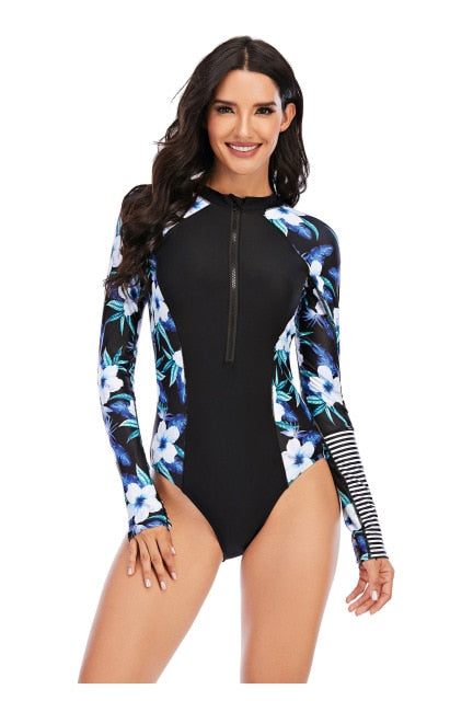 Voguable 2021 Print Floral One Piece Swimsuit Long Sleeve Swimwear Women Bathing Suit Retro Swimsuit Vintage One-piece Surfing Swim Suits voguable