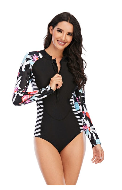 Voguable 2021 Print Floral One Piece Swimsuit Long Sleeve Swimwear Women Bathing Suit Retro Swimsuit Vintage One-piece Surfing Swim Suits voguable