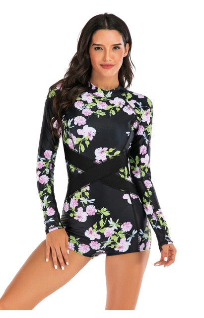 Voguable 2021 Print Floral One Piece Swimsuit Long Sleeve Swimwear Women Bathing Suit Retro Swimsuit Vintage One-piece Surfing Swim Suits voguable