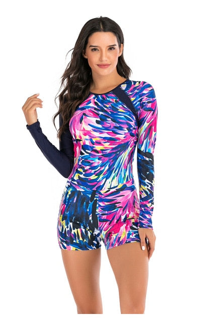 Voguable 2021 Print Floral One Piece Swimsuit Long Sleeve Swimwear Women Bathing Suit Retro Swimsuit Vintage One-piece Surfing Swim Suits voguable