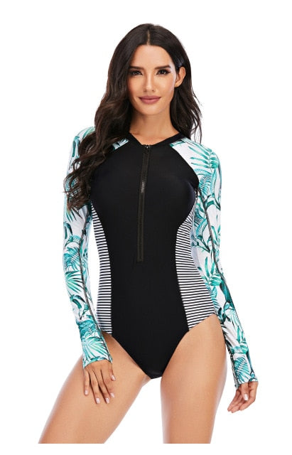 Voguable 2021 Print Floral One Piece Swimsuit Long Sleeve Swimwear Women Bathing Suit Retro Swimsuit Vintage One-piece Surfing Swim Suits voguable
