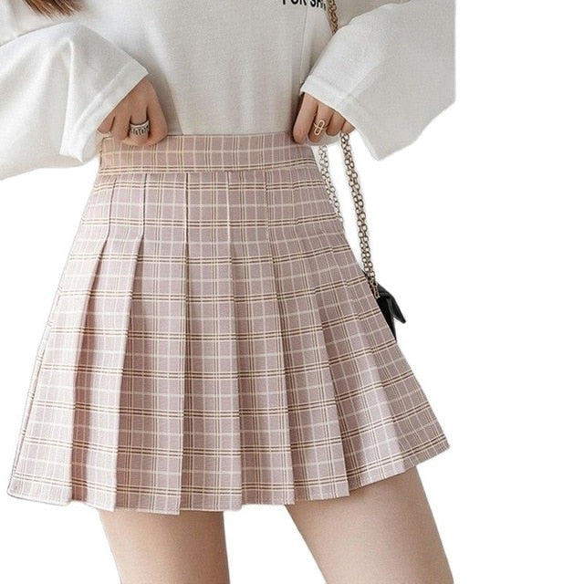 XS-XXL Spring Summer Autumn Women Skirts Student Girl Striped Pleated Waist Female Sweet Mini Dance Plaid Black White Pink Skirt voguable