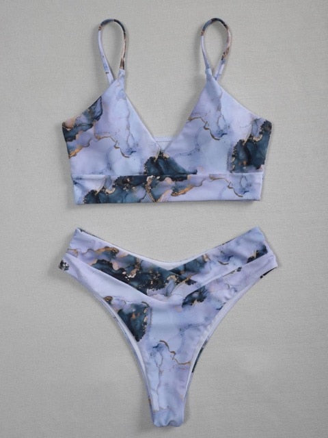 Voguable 2021 New High Waist  Bikini set Yellow Bandeau Swimsuit Sexy Print Thong Bikini Women Swimwear Two-pieces Bather Bathing Suit voguable