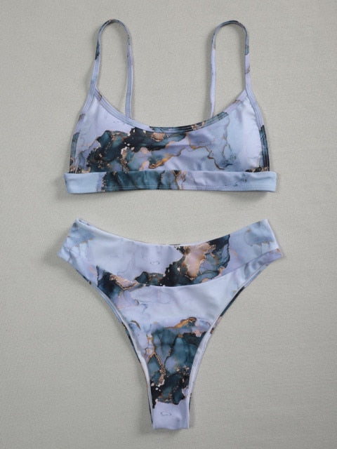 Voguable 2021 New High Waist  Bikini set Yellow Bandeau Swimsuit Sexy Print Thong Bikini Women Swimwear Two-pieces Bather Bathing Suit voguable