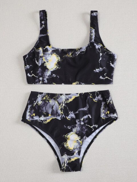 Voguable 2021 New High Waist  Bikini set Yellow Bandeau Swimsuit Sexy Print Thong Bikini Women Swimwear Two-pieces Bather Bathing Suit voguable