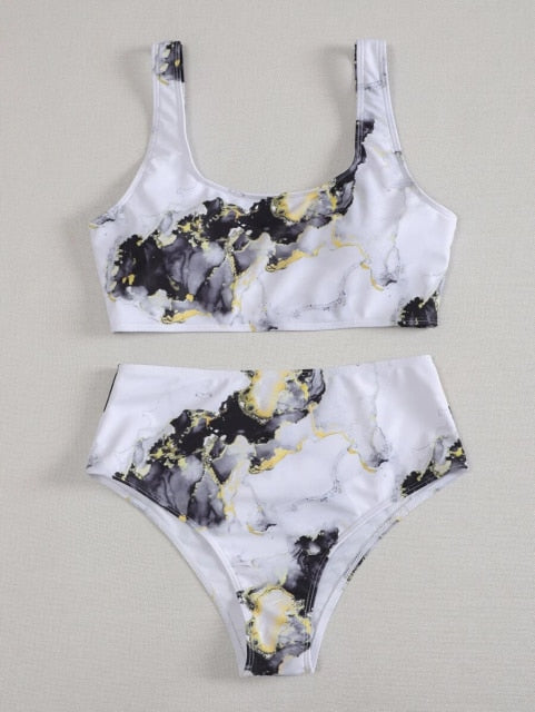 Voguable 2021 New High Waist  Bikini set Yellow Bandeau Swimsuit Sexy Print Thong Bikini Women Swimwear Two-pieces Bather Bathing Suit voguable