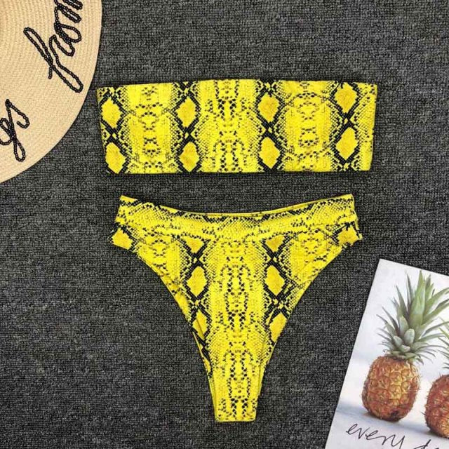 Voguable 2021 New High Waist  Bikini set Yellow Bandeau Swimsuit Sexy Print Thong Bikini Women Swimwear Two-pieces Bather Bathing Suit voguable