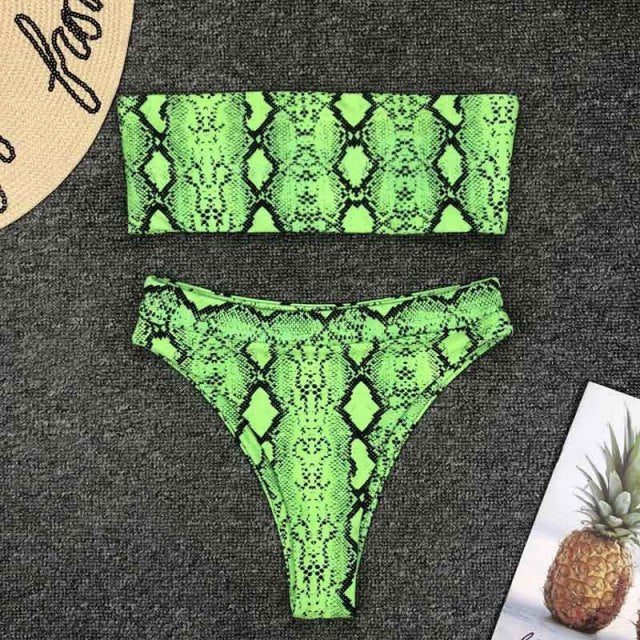 Voguable 2021 New High Waist  Bikini set Yellow Bandeau Swimsuit Sexy Print Thong Bikini Women Swimwear Two-pieces Bather Bathing Suit voguable