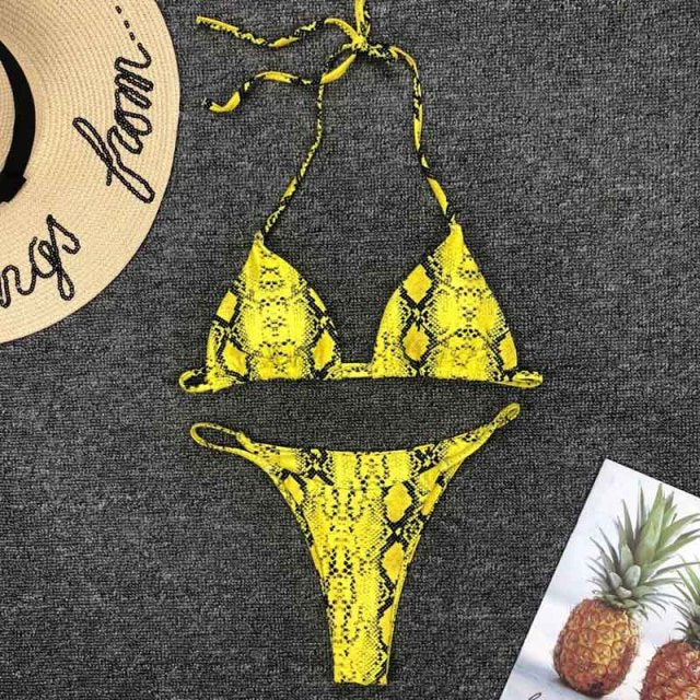Voguable 2021 New High Waist  Bikini set Yellow Bandeau Swimsuit Sexy Print Thong Bikini Women Swimwear Two-pieces Bather Bathing Suit voguable