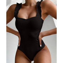 Vintage Swimsuit Women One Piece Ruffle Strap Swimwear Female Push Up Monokini Padded Beach Bathing Suits Black Bodysuits voguable