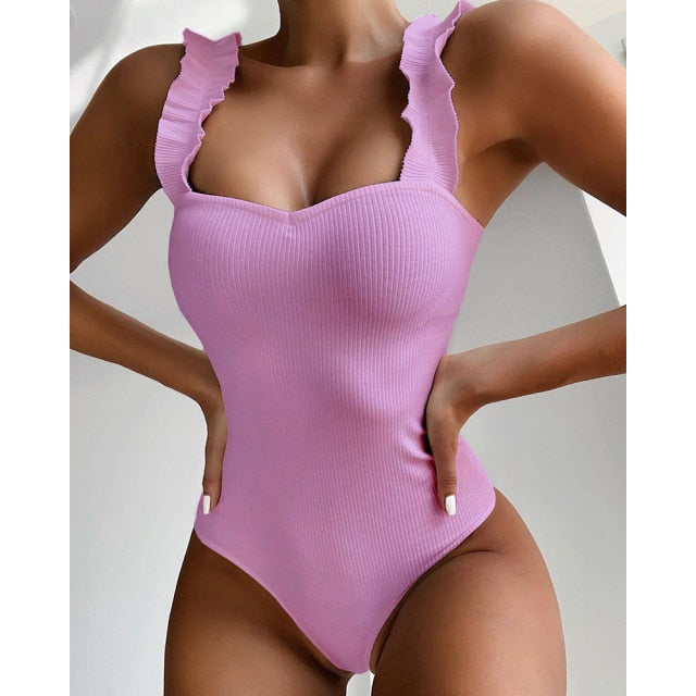 Vintage Swimsuit Women One Piece Ruffle Strap Swimwear Female Push Up Monokini Padded Beach Bathing Suits Black Bodysuits voguable