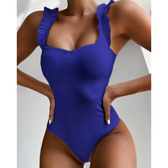 Vintage Swimsuit Women One Piece Ruffle Strap Swimwear Female Push Up Monokini Padded Beach Bathing Suits Black Bodysuits voguable