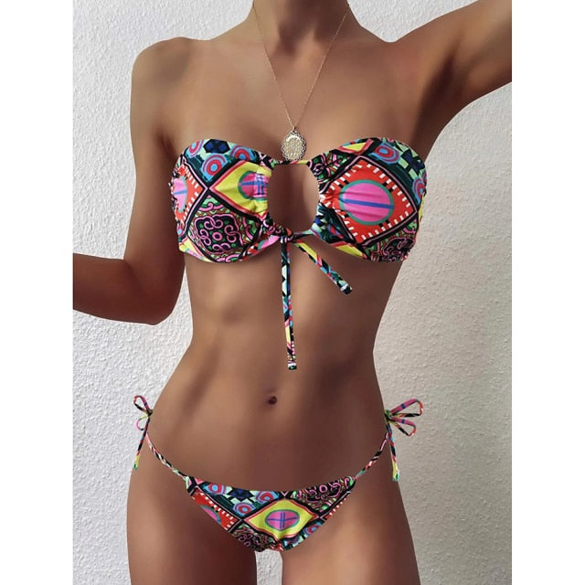 Sexy Bikini 2021 Bandeau Swimsuit Female Swimwear Women Mini Thong Bikinis Set Bather Swimming Beachwear for Woman Bathing Suit voguable