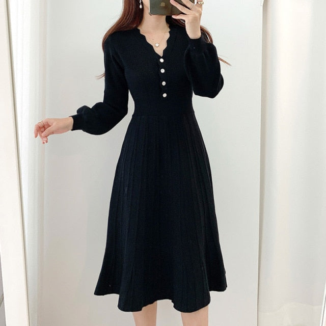 One Piece Korean Pleated Dress 2021 New Spring Long Sleeve Slim Woman Sweater Dresses Knitted Vintage Elegant Midi Party Dress voguable