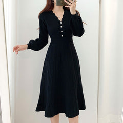 One Piece Korean Pleated Dress 2021 New Spring Long Sleeve Slim Woman Sweater Dresses Knitted Vintage Elegant Midi Party Dress voguable
