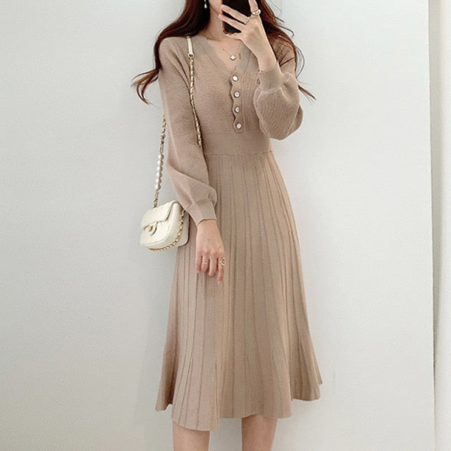 One Piece Korean Pleated Dress 2021 New Spring Long Sleeve Slim Woman Sweater Dresses Knitted Vintage Elegant Midi Party Dress voguable