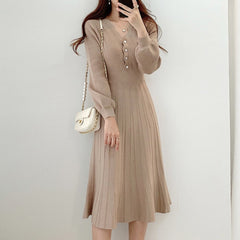 One Piece Korean Pleated Dress 2021 New Spring Long Sleeve Slim Woman Sweater Dresses Knitted Vintage Elegant Midi Party Dress voguable