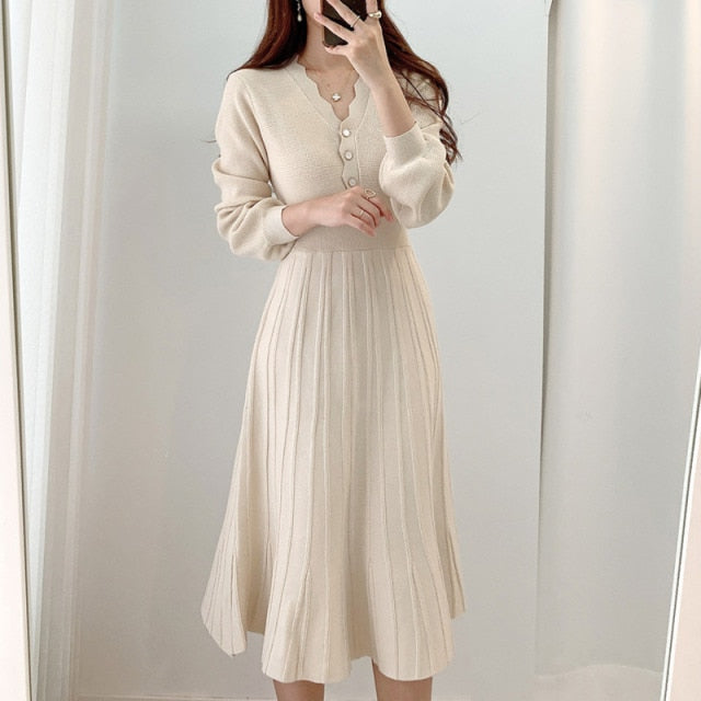 One Piece Korean Pleated Dress 2021 New Spring Long Sleeve Slim Woman Sweater Dresses Knitted Vintage Elegant Midi Party Dress voguable