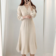 One Piece Korean Pleated Dress 2021 New Spring Long Sleeve Slim Woman Sweater Dresses Knitted Vintage Elegant Midi Party Dress voguable