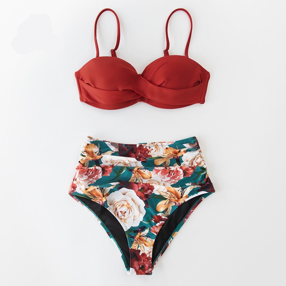 CUPSHE Red And Floral Push Up High Waist Bikini Sets Swimsuit Sexy Two Pieces Swimwear Women 2021 New Beach Bathing Suits voguable