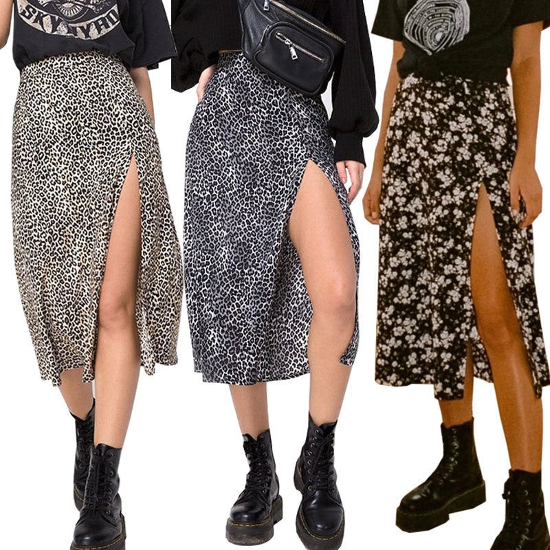 Summer Split Leopard Skirts 2021 Green Fashion Long Skirt Sexy Women Streetwear Loose Lady Clothes Skort for Girls voguable