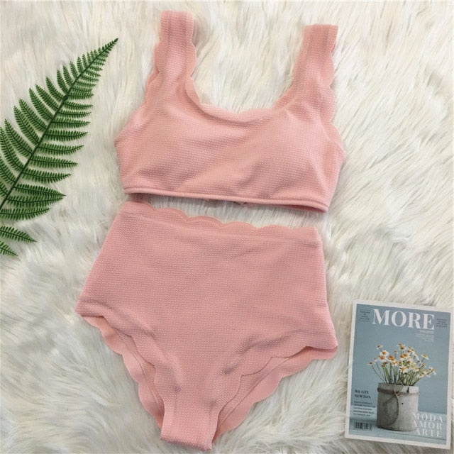 Voguable 2022 New Women Swimsuit Scalloped High Waist Bikini Set Solid Two Pieces Plus Size Swimwear Biquini Tankini voguable