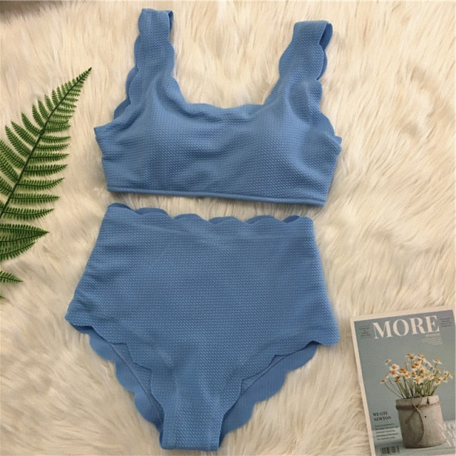 Voguable 2022 New Women Swimsuit Scalloped High Waist Bikini Set Solid Two Pieces Plus Size Swimwear Biquini Tankini voguable