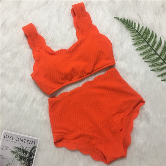 Voguable 2022 New Women Swimsuit Scalloped High Waist Bikini Set Solid Two Pieces Plus Size Swimwear Biquini Tankini voguable