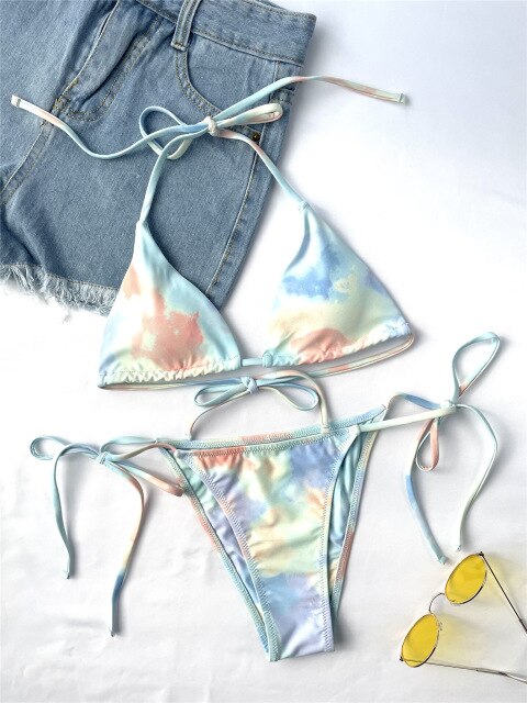 OMKAGI Swimwear Women Tie dye Bikini Set Bathing Suit Beachwear Push Up Swimming Swimwear Sexy Bandage Swimsuit Bikini 2020 voguable