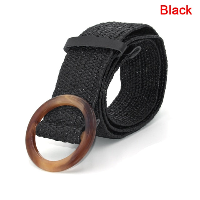 Summer Women Braided Elastic Belt Round Square Wooden Buckle Vintage Bohe Straw Buckle Belt Women Knitted Belt Dress Belt voguable