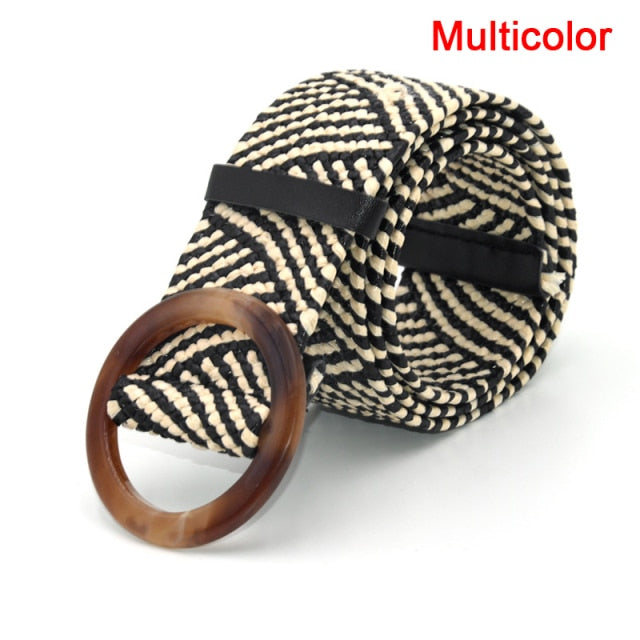 Summer Women Braided Elastic Belt Round Square Wooden Buckle Vintage Bohe Straw Buckle Belt Women Knitted Belt Dress Belt voguable