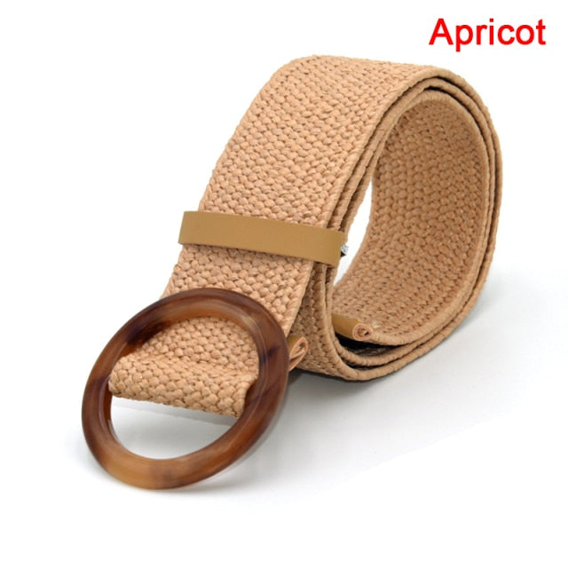 Summer Women Braided Elastic Belt Round Square Wooden Buckle Vintage Bohe Straw Buckle Belt Women Knitted Belt Dress Belt voguable