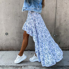 Summer High Waist Long Print Skirt 2021 New Bohemian Women Casual Beach Chic Faldas Female Elastic Waist Irregular Holiday Skirt voguable