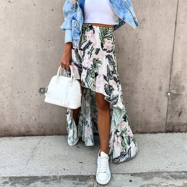 Summer High Waist Long Print Skirt 2021 New Bohemian Women Casual Beach Chic Faldas Female Elastic Waist Irregular Holiday Skirt voguable