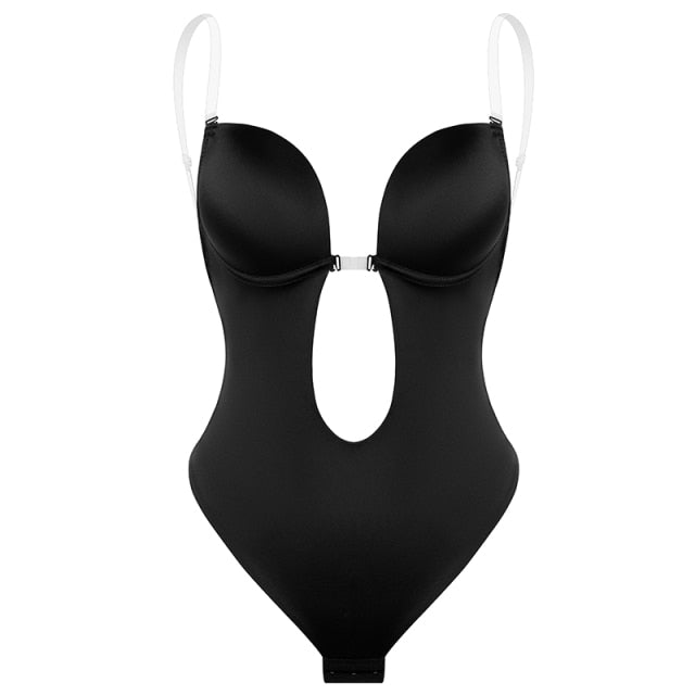 Women Deep V Bodysuit Waist Trainer Invisible Shaper Body Tummy Shapewear Faja Strap Backless Plunge Thong Push Up padded Bra voguable