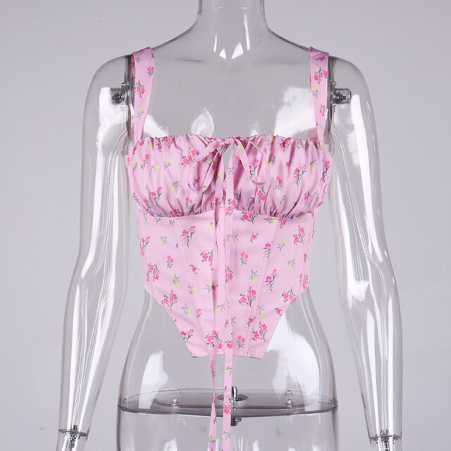 NewAsia Black Floral Corset Women Summer Sexy Backless Boned Lace Up Crop Top Party Casual Wear Prairie Chic Print Tops 2021 New voguable