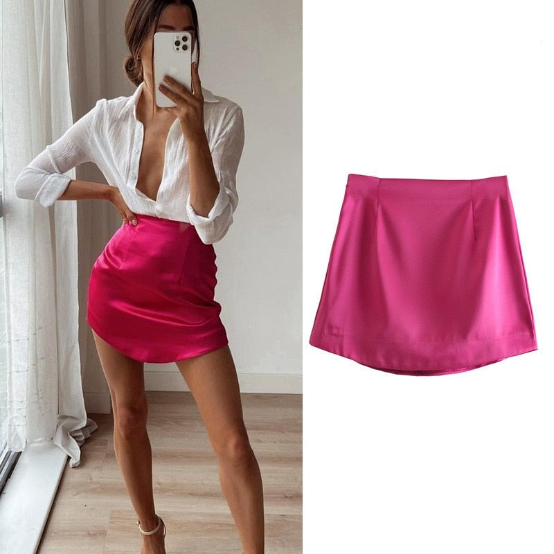 Voguable Women Skirts  Summer Fashion Silk Satin High-Waisted Skirt Woman Sexy Party Bag Hip Side zipper Mini Skirt Female voguable