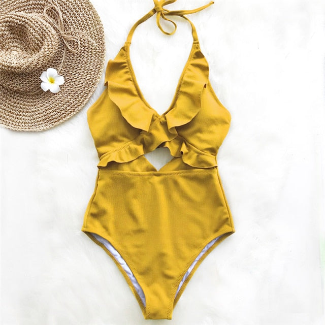 Women  Swimwear Summer Ruffle Lace Up Swimsuit Padded Monokini Bikini 2019 Ladies Swimsuit Bathing Suit Beachwear Biquini 2XL voguable