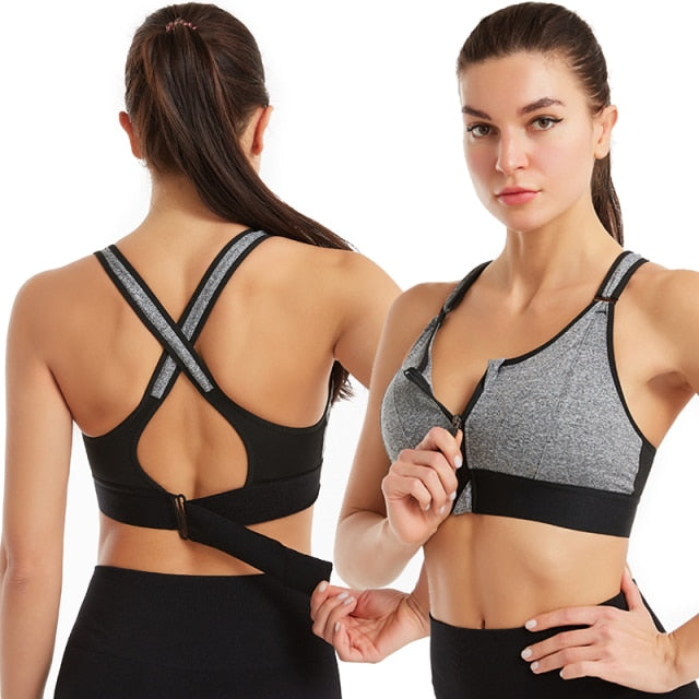 Voguabele Of Women's Sports Bra Gathered Without Steel Ring Adjustable Belt Front Zipper Yoga Running Vest Shockproof Underwear Plus Size voguable