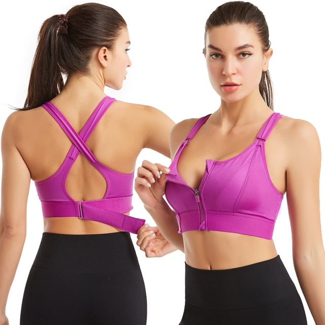Voguabele Of Women's Sports Bra Gathered Without Steel Ring Adjustable Belt Front Zipper Yoga Running Vest Shockproof Underwear Plus Size voguable