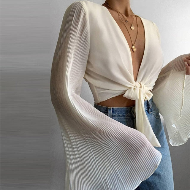Spring Flare Long Sleeve Beach Shirts Blouse Solid Sexy Deep V Neck Women Shirt Blusas Summer Tie-Up Hollow Out Tops Streetwear voguable