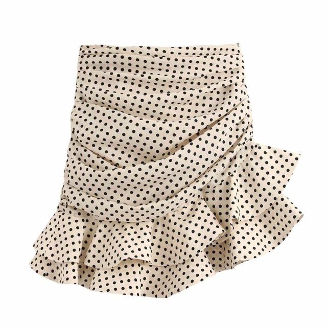 2021 new women vanilla polka dot High-waisted mini skirt Ruching detail Ruffled hem Back hidden in-seam zip closure skirt voguable