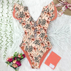 2021 New Sexy Ruffle Print Floral One Piece Swimsuit Off The Shoulder Swimwear Women Solid Deep-V Beachwear Bathing Suit Monkini voguable