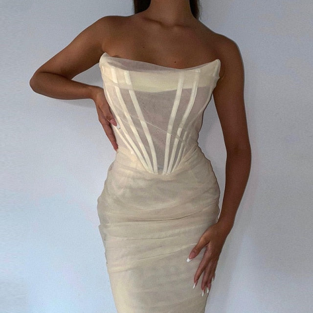 Voguable Elegant Corset Bustier Bone Ruched Mesh Midi Dresses Party Night Club Sexy Backless Strapless Summer Dress Bodycon voguable