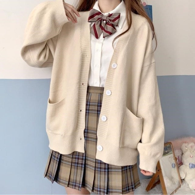 Japanese style sweater spring autumn V-neck cotton knitted sweater JK uniform cardigan multicolor Cosplay women's wear voguable