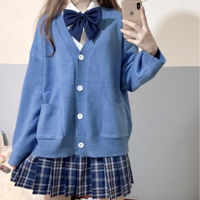 Japanese style sweater spring autumn V-neck cotton knitted sweater JK uniform cardigan multicolor Cosplay women's wear voguable