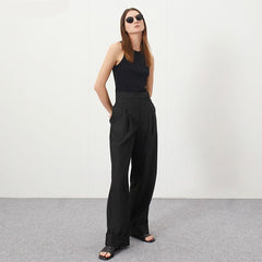 Mnealways 18 Spring Summer Black Ladies Office Trousers Women High Waist Pants Pockets Female Pleated Wide Leg Pants Solid 2021 voguable
