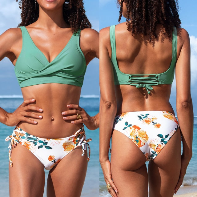 CUPSHE Yellow And Lemon Print Mid-Waist Bikini Sets Swimsuit Women Sexy Lace Up Two Pieces Swimwear 2021 New Beach Bathing Suits voguable